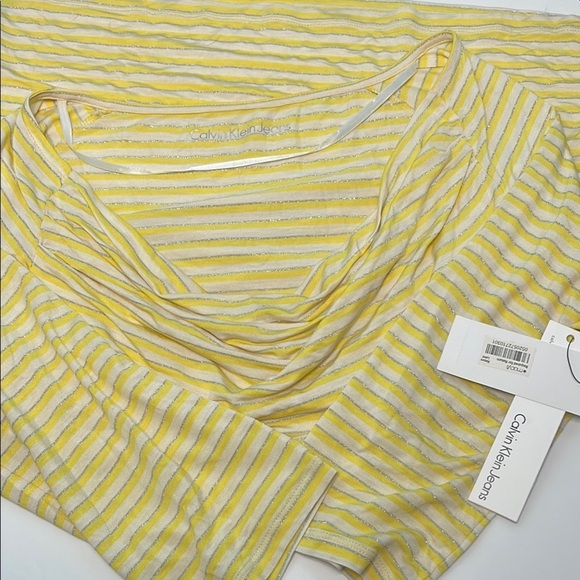 Calvin Klein Jeans Yellow Silver Sparkle Draped 3/4 Sleeve Lightweight Top Large - Picture 8 of 13